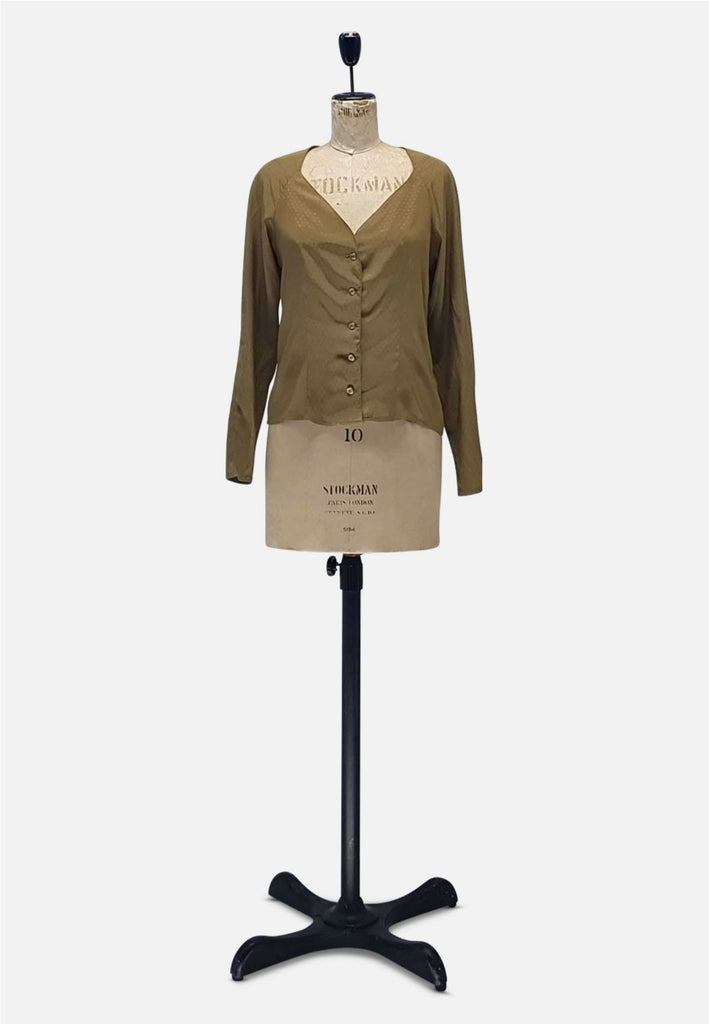 Vintage Clothing - Khaki Silk Blouse RETRO - Painted Bird Vintage Boutique & The Aviary - Blouse