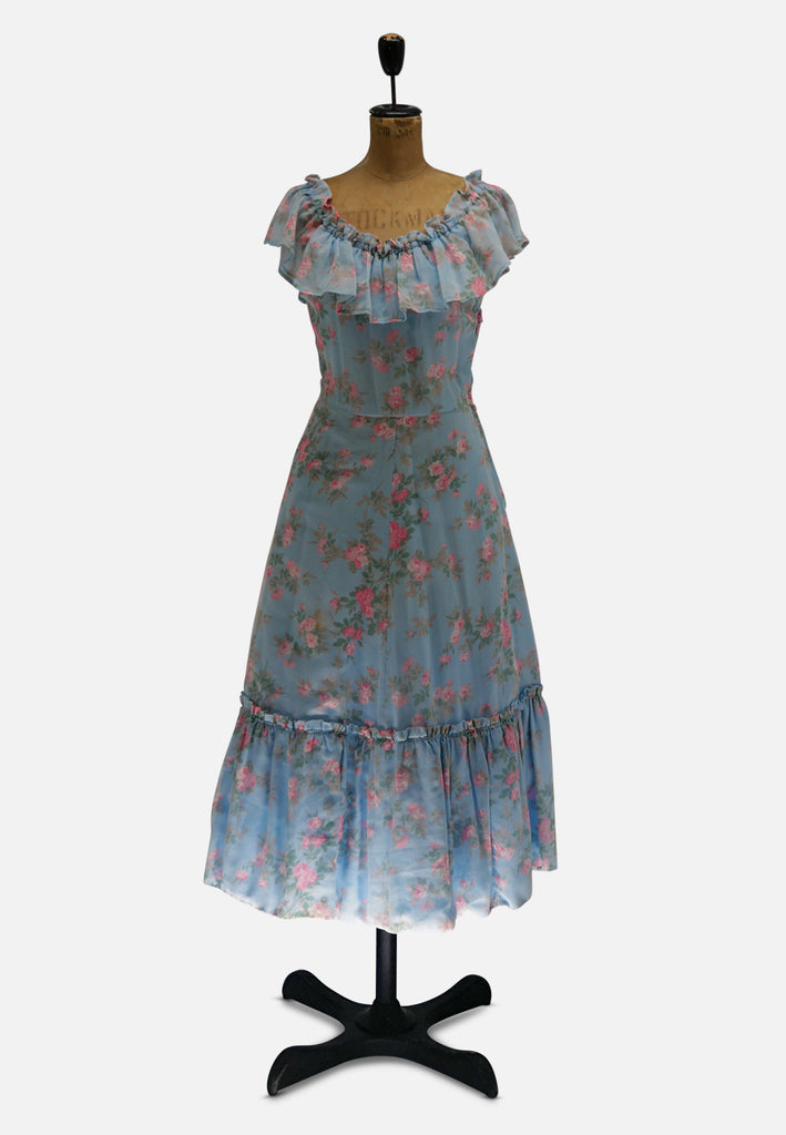 Vintage Clothing - 1940s-1970s Powder Blue Rose Print Ruffle Midi Dress - Painted Bird Vintage Boutique & The Aviary - Dresses