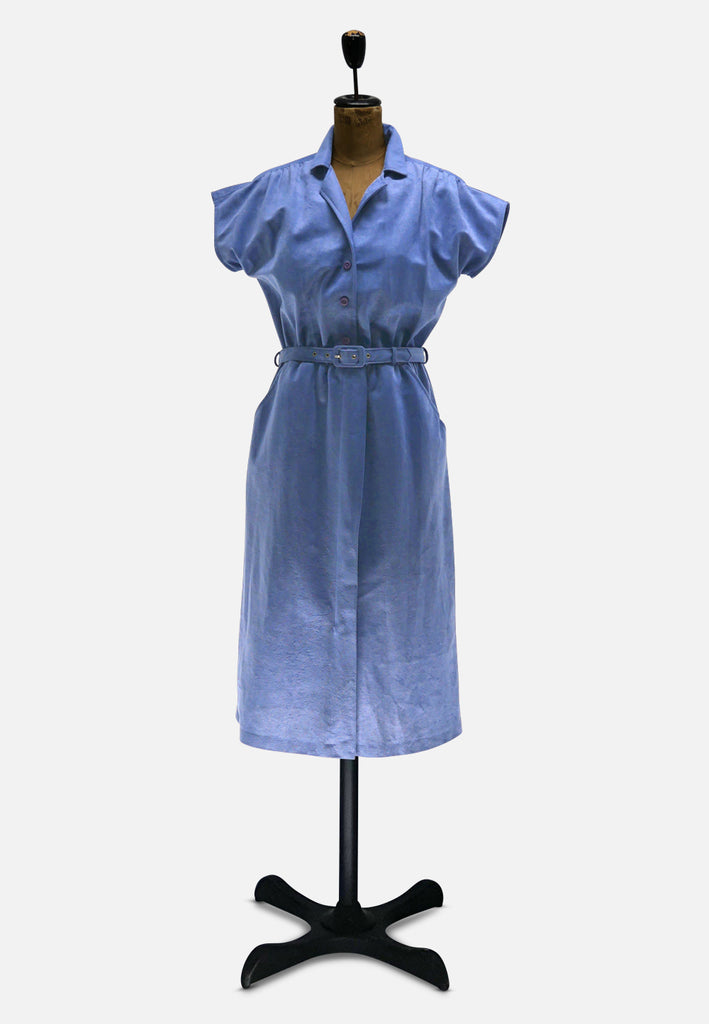 Vintage Clothing - Delightful Authentic Vintage Derek Clothes New Zealand Periwinkle Blue Ultrasuede-Feel Belted Shirt Dress - Painted Bird Vintage Boutique & The Aviary - Dresses