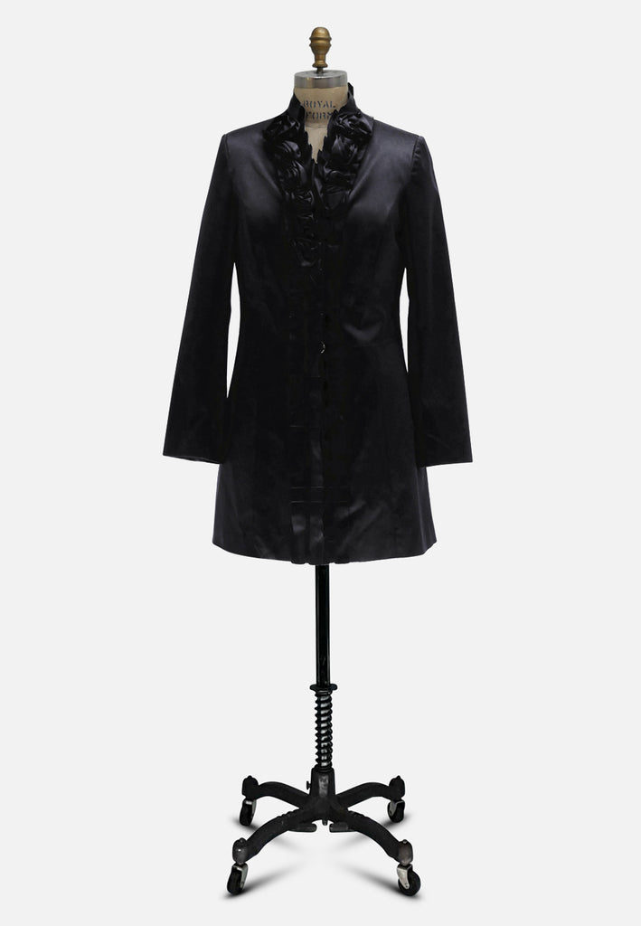 Vintage Clothing - Stax NZ Black Polished Cotton Tailored Knee Length Rosette Jacket - Painted Bird Vintage Boutique & The Aviary - Coats & Jackets