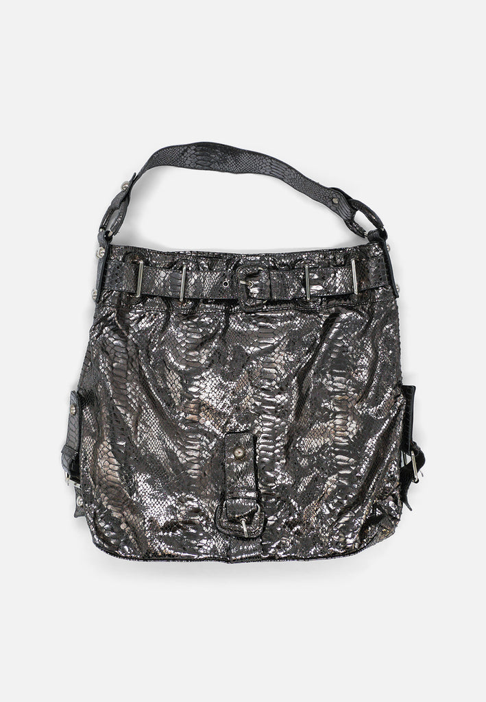 Vintage Metallic Pewter Faux Snakeskin Buckle Tote Bag 'VIP'