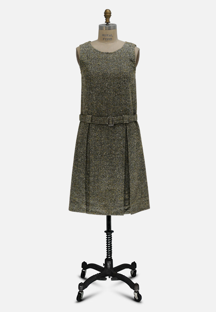 Olive Fleck Tweed 1960s Wool Belted Shift Dress