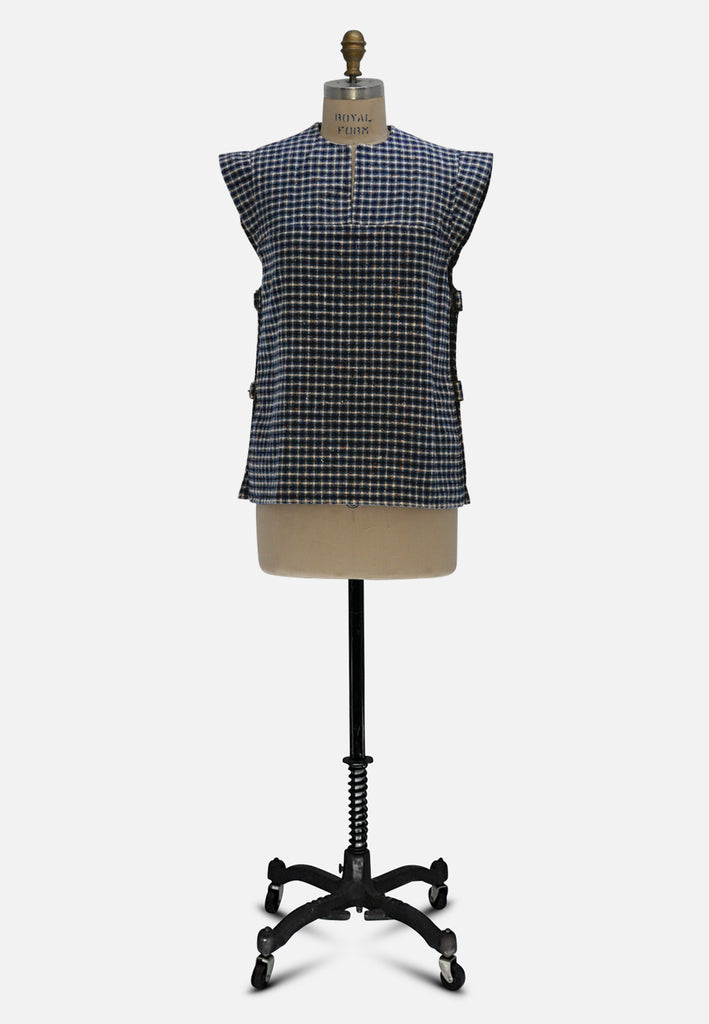 Navy Check Wool 1970s Buckle-Side Tunic Top