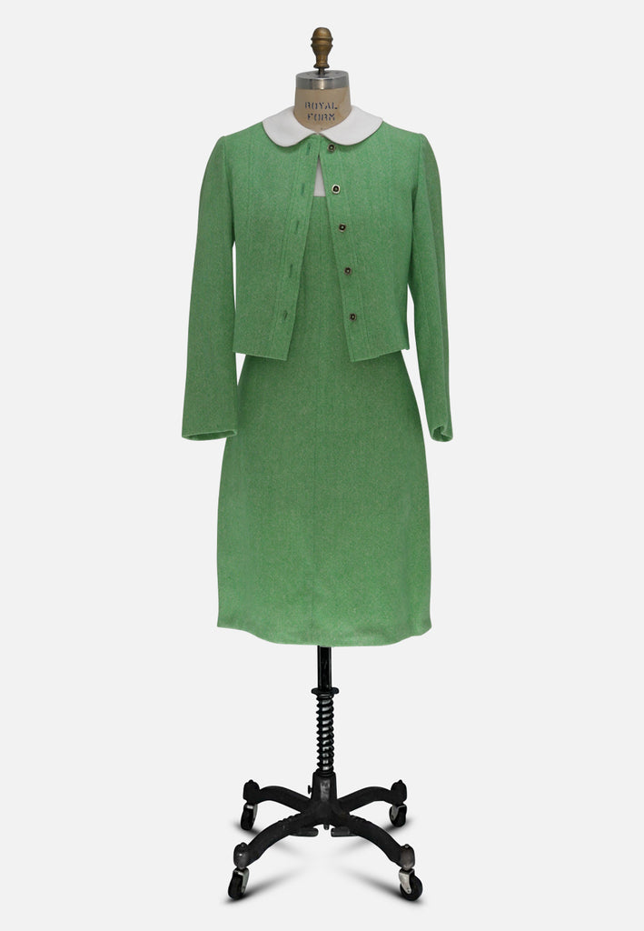 Green and Ivory Colourblock 1960s Wool Dress and Jacket Set