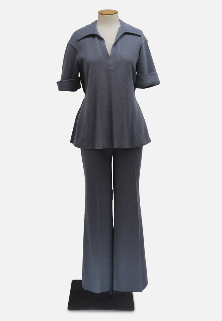 Sarah Grey Blue 1970s Knit Top and Flare Trouser Set