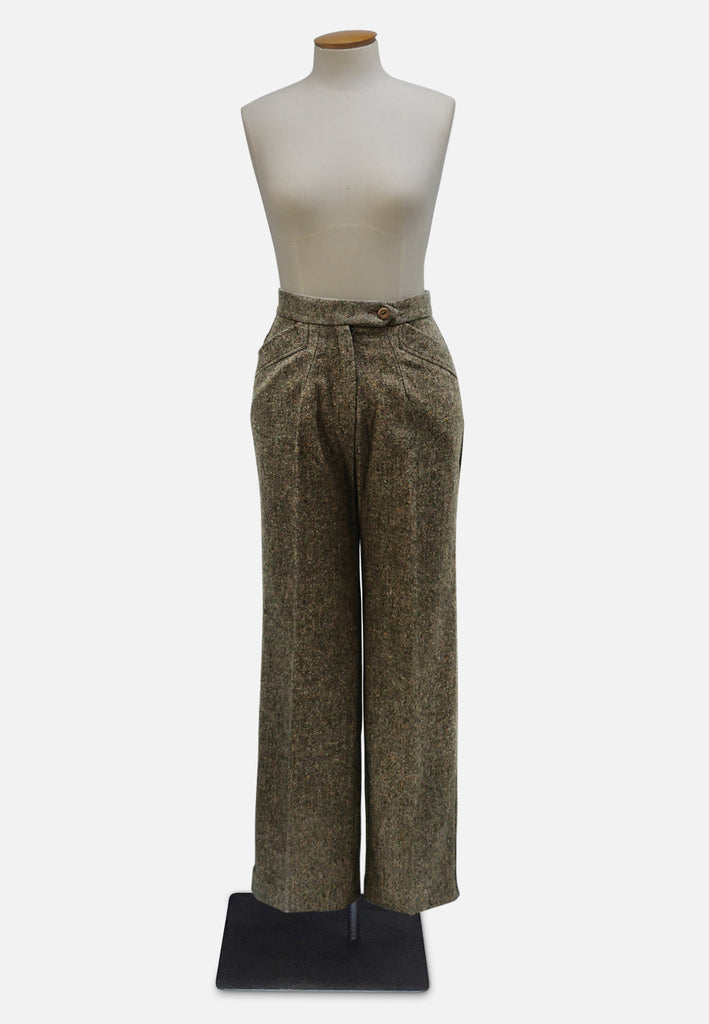 Olive Fleck Tweed 1970s Straight Leg Trousers