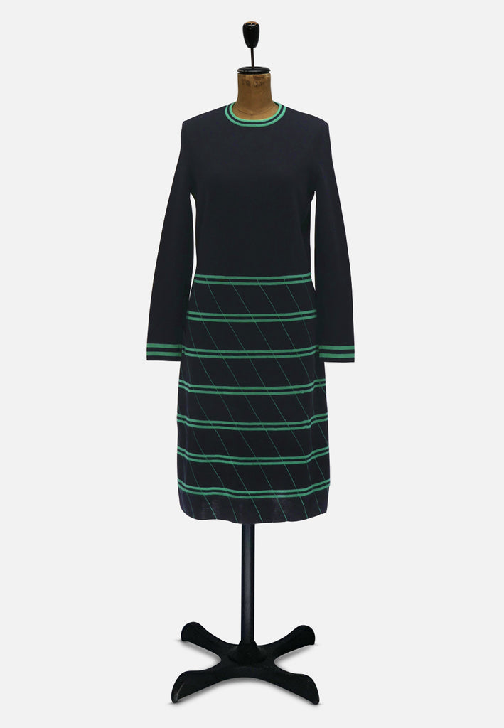 Black and Green Wool Blend Graphic 1970s Knit Dress