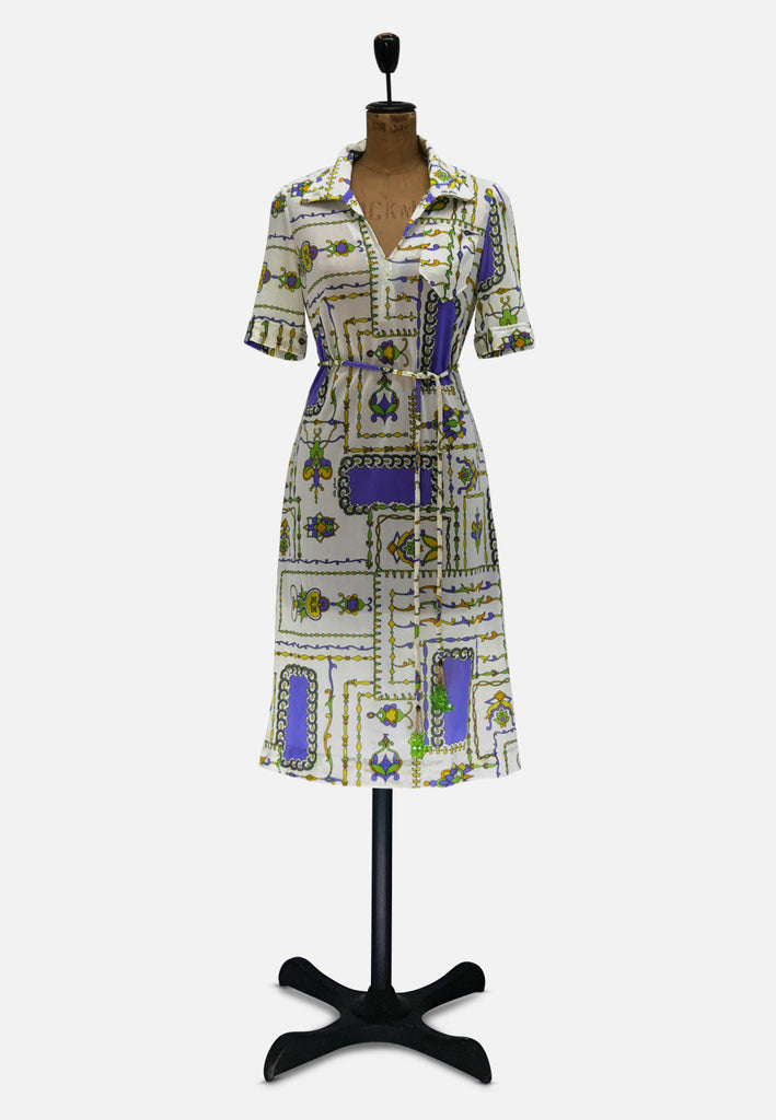 1970s Colin Glascoe Stained Glass Print Shirt Dress