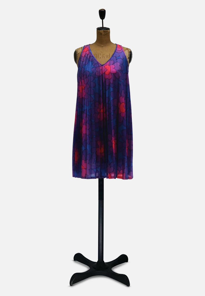 1970s Sunray Pleated Heart Floral Trapeze Dress