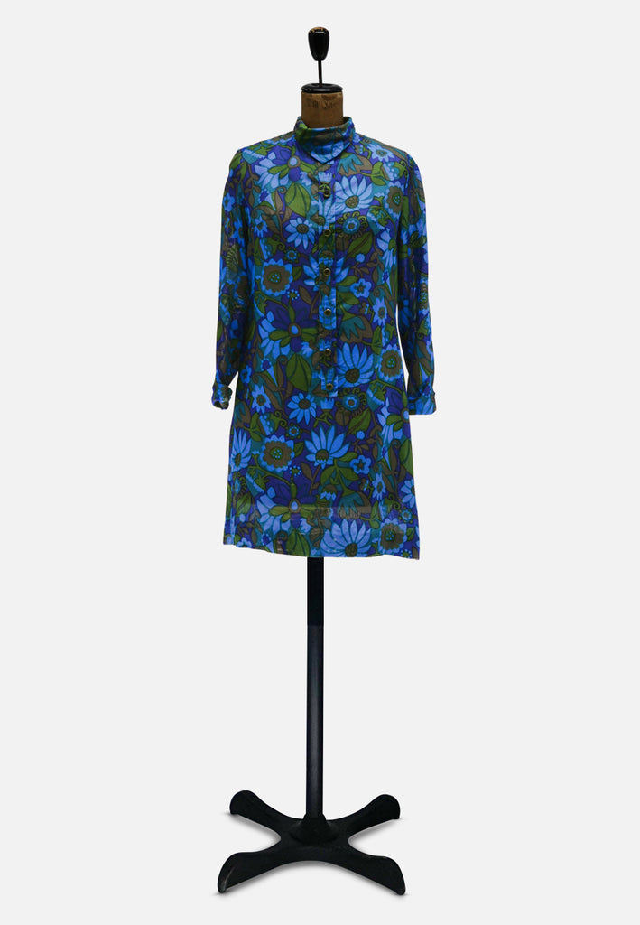 Rhona Roy Psychedelic Floral Funnel Collar 1960 Dress