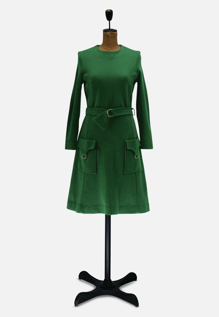 Adam Marr Emerald 1970s Belted Pocket Shift Dress