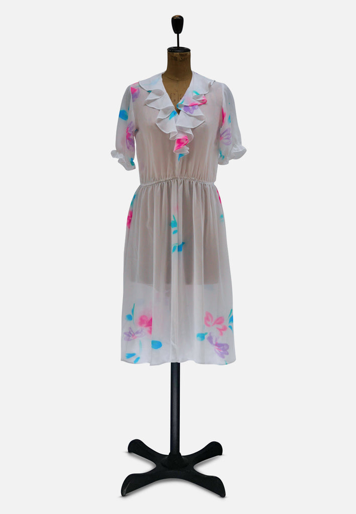 White Floral Ruffle Vintage Dress