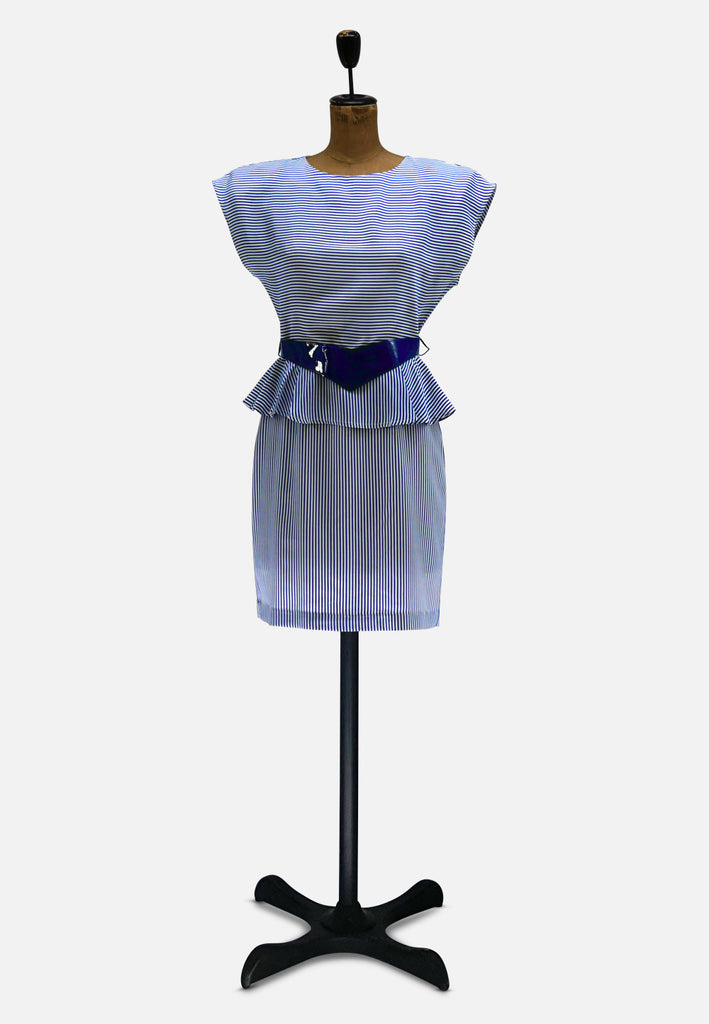 Navy 1980s White Striped Peplum Dress