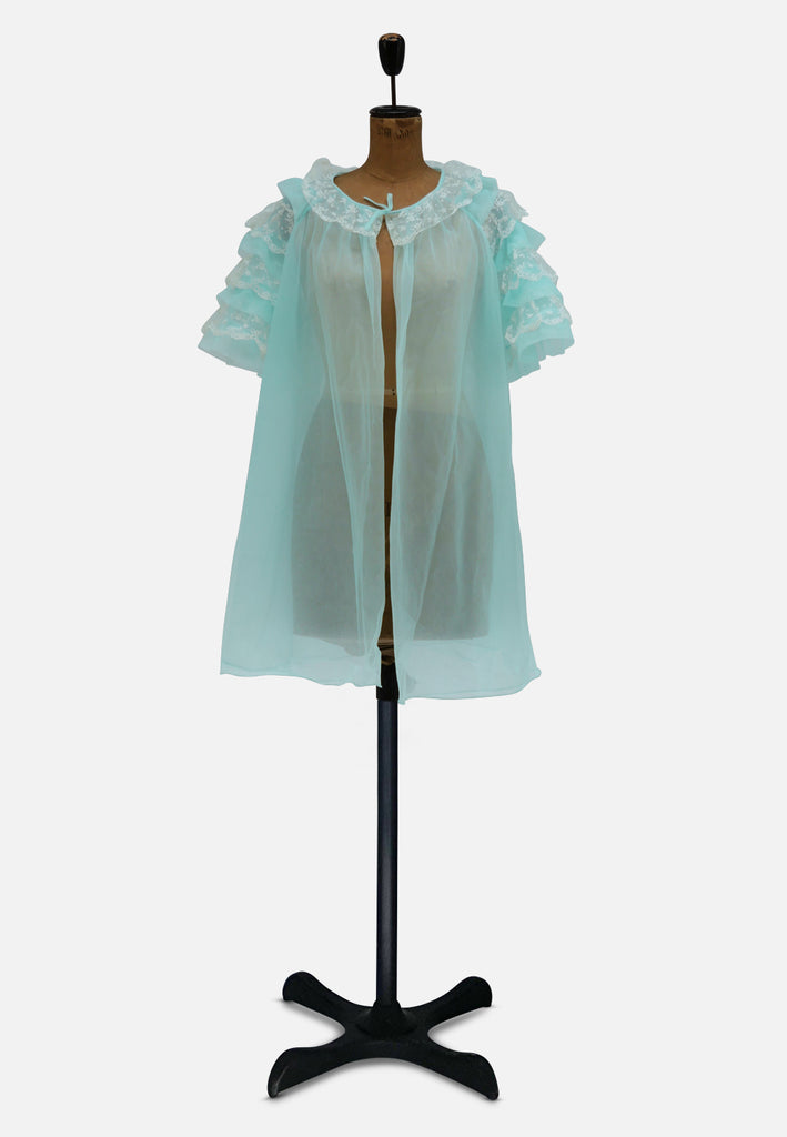 Iris Aqua 1960s Ruffled Lace Peignoir
