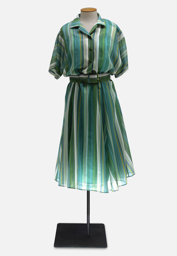 Teal 1980s Vertical Stripe Belted Shirt Dress