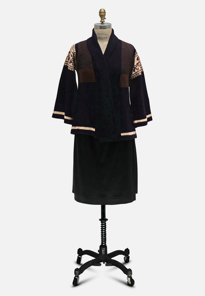 1970s Colourblock Wool Knit Shawl Collar Cardigan