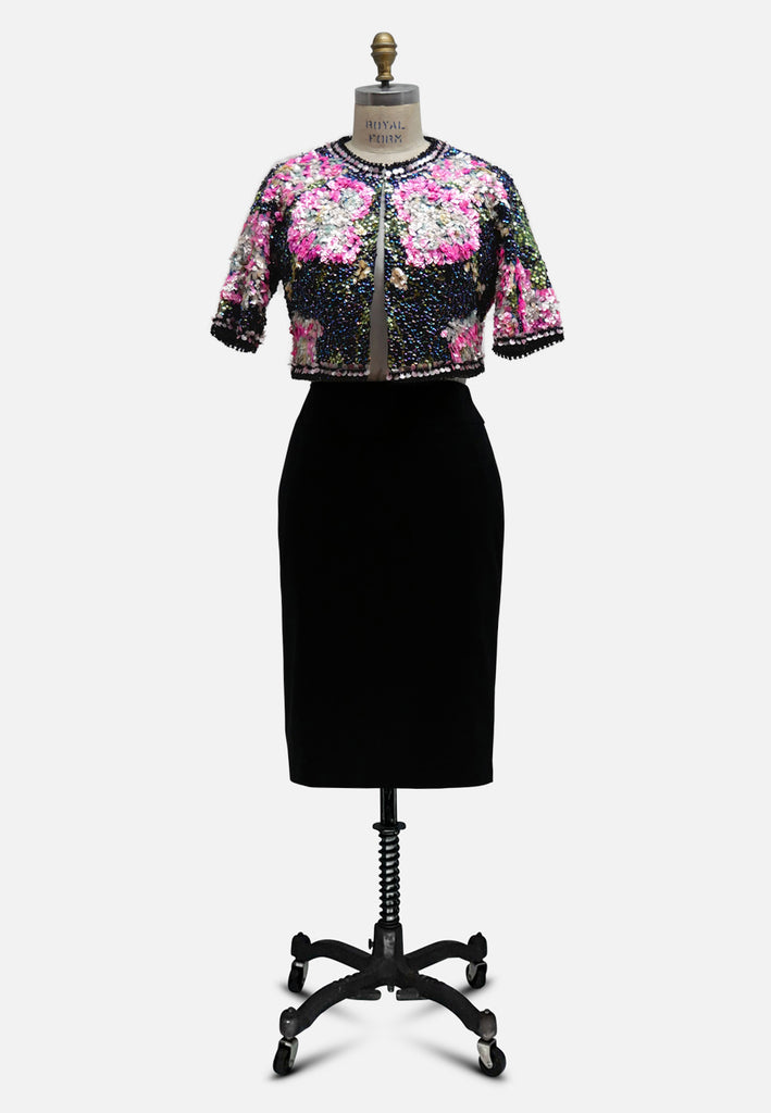 Incredible Navy Silk Floral Sequin & Bead Cropped Evening Jacket 'VIP'