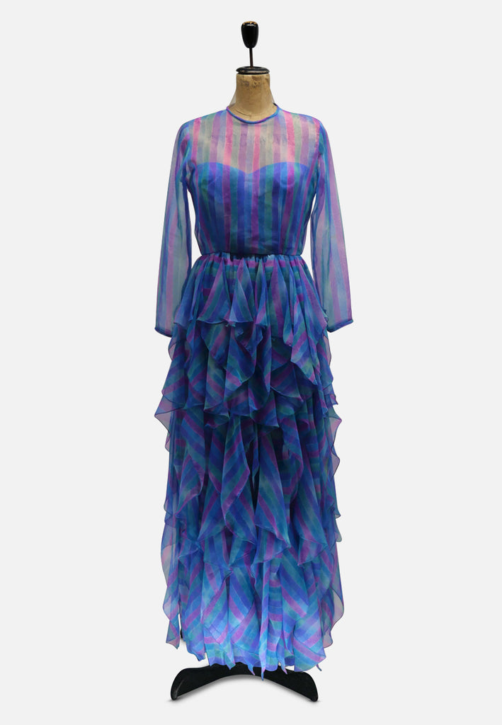Blue Purple Multi-Stripe Tiered Ruffle Georgette Maxi Gown 'VIP'