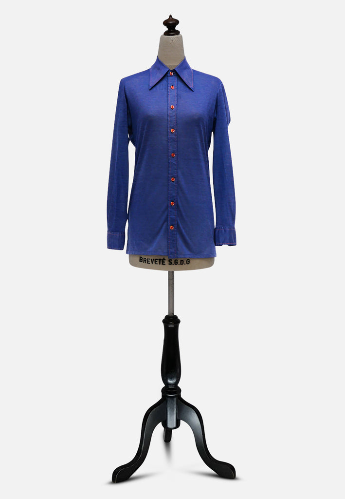 Cavalier Shirtmakers 1970s Cobalt Blue Orange Button Long Sleeve Shirt 'VIP'