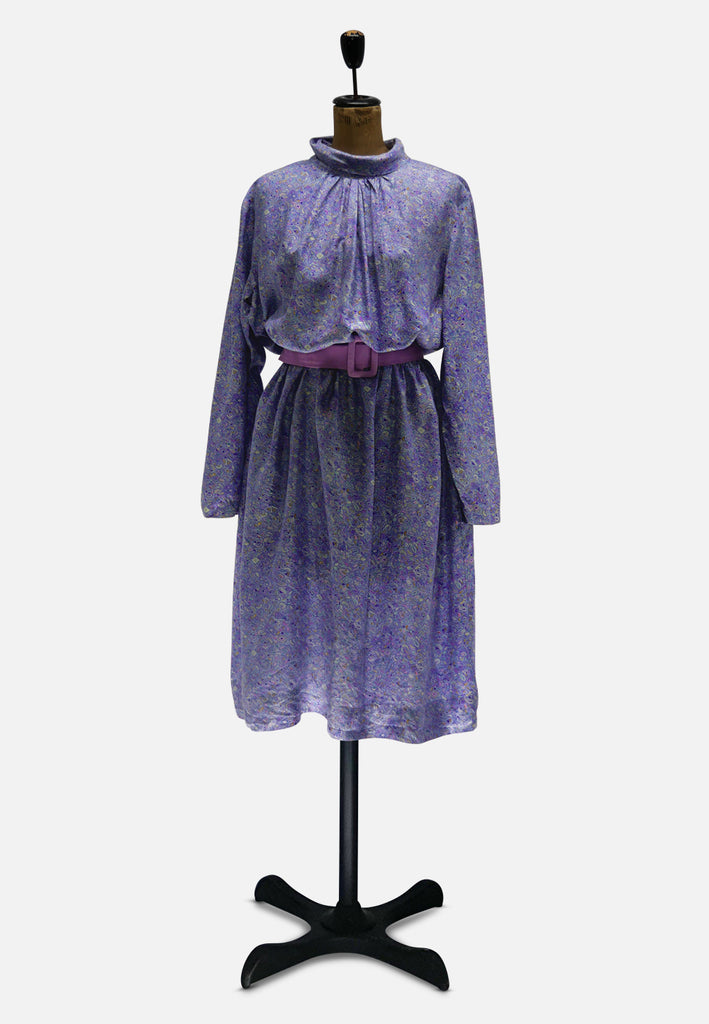 1970s French Silk Lavender Paisley Midi Dress with Pockets 'VIP'