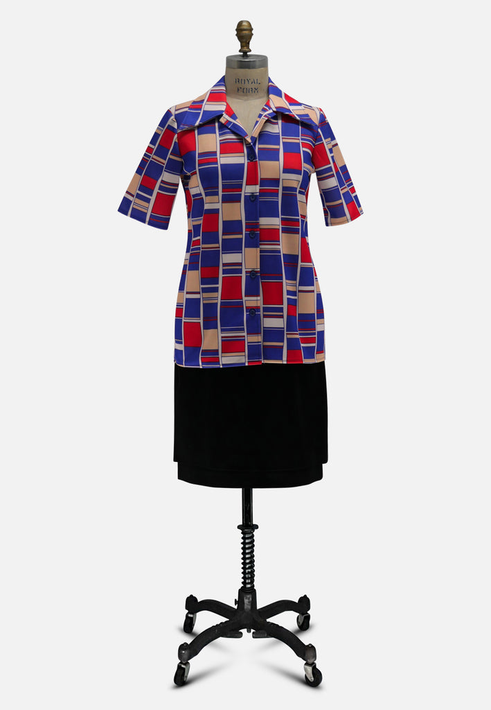Canterbury New Zealand 1970s Bold Geometric Block Print Short Sleeve Blouse