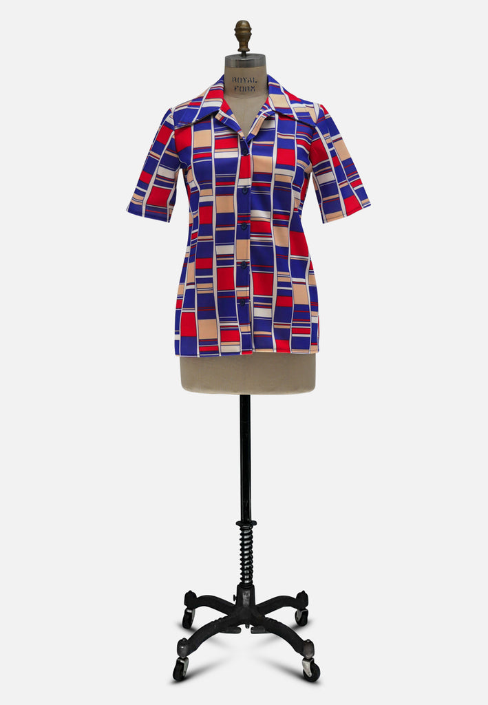 Canterbury New Zealand 1970s Bold Geometric Block Print Short Sleeve Blouse 'VIP'