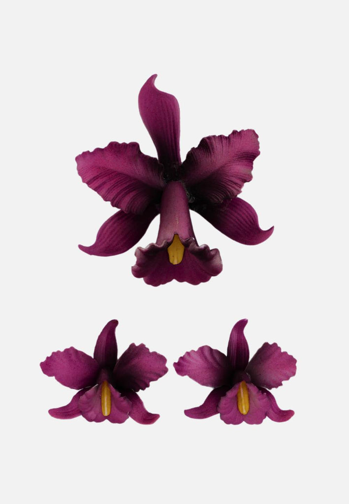 Deep Violet Cattleya Orchid Resin Brooch and Clip-On Earring Set 'VIP'