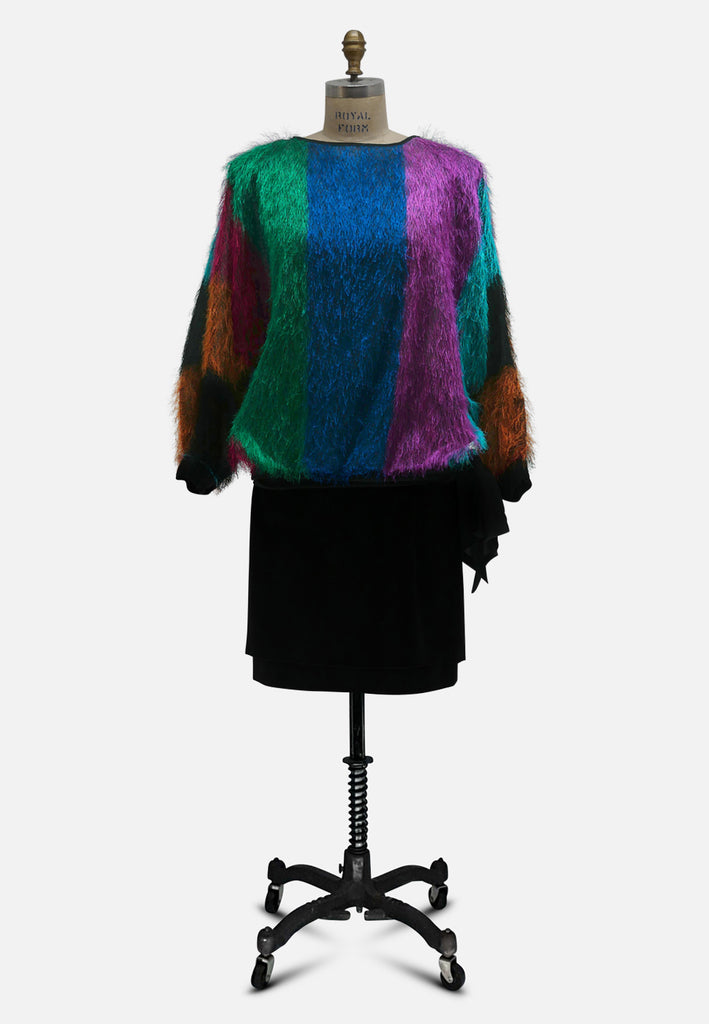 Silk Degrees 1980s Colour Block Feather Fringe Silk Blouse 'VIP'