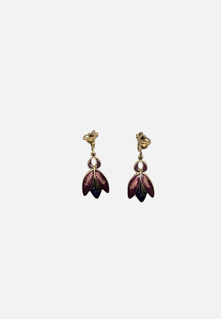 Fish and Crown Purple and Blue Cloisonné Flower Drop Clip-On Earrings 'VIP'