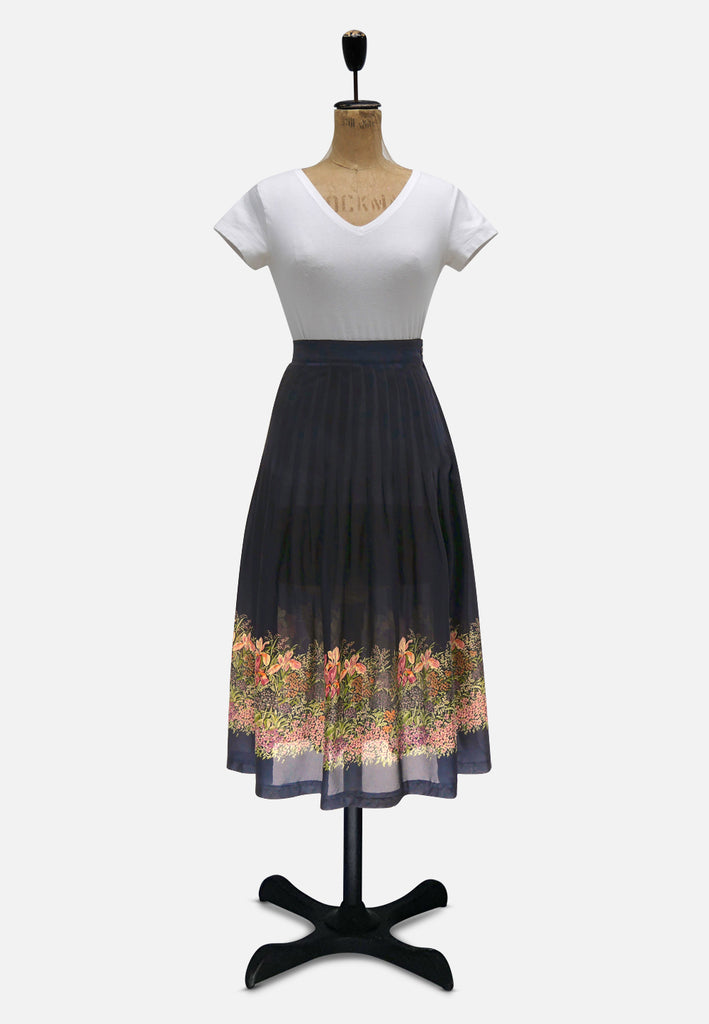 Pru Fischer New Zealand 1960s Midnight Navy Silk Pleated Floral Border Skirt 'VIP'