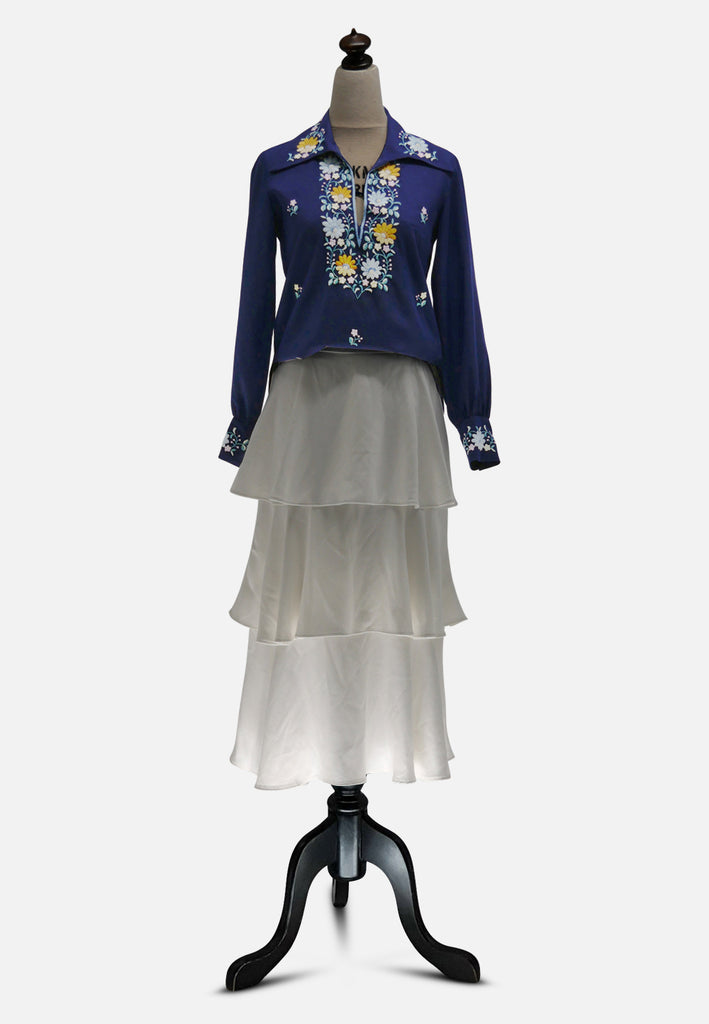 1970s Navy Daisy Garden Embroidered Boho Blouse 'VIP'