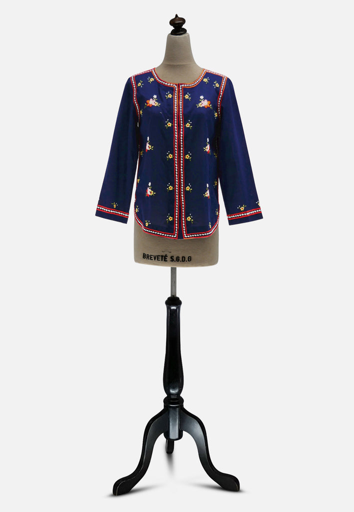 Lily 1970s Navy Embroidered Folk Floral Long Sleeve Blouse 'VIP'