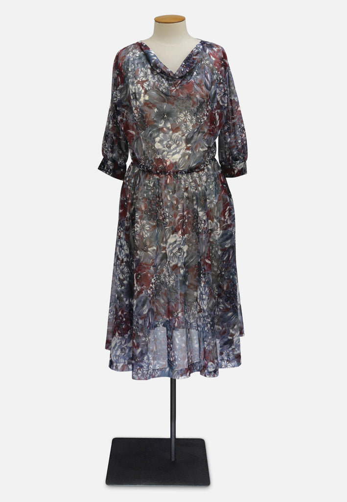 Grey Blue Burgundy Abstract Floral Cowl Neck Dress 'VIP'