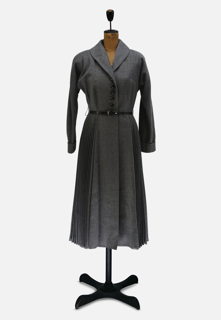 1950s Wool Shawl Collar Coat Dress with Pleated Skirt