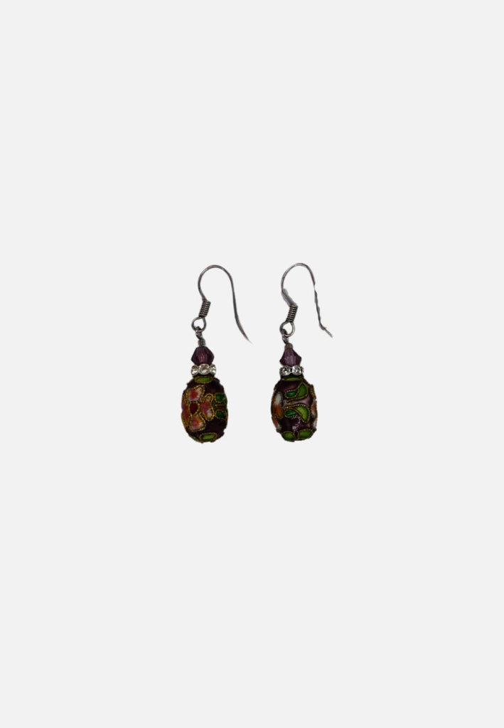 Dark Purple Cloisonné Floral Hook Drop Earrings 'VIP'