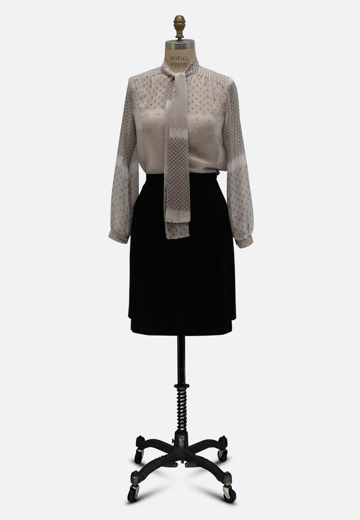 1970s Taupe Multi-Print Pussy-Bow Blouse 'VIP'