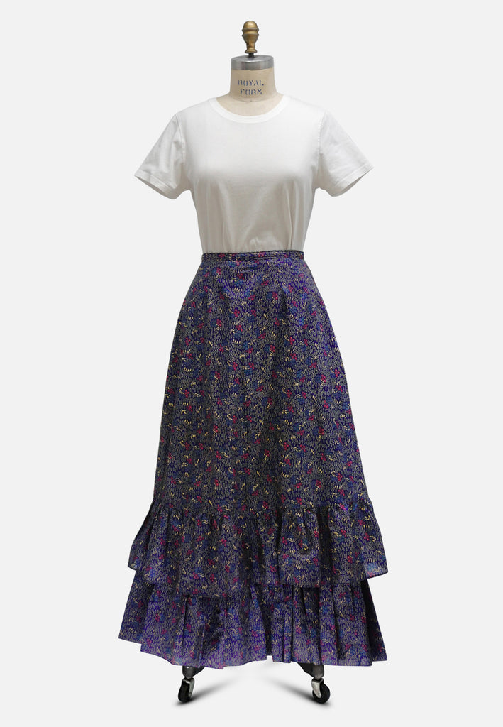 Indigo Teardrop Floral Double-Tier Ruffle Maxi Skirt 'VIP'