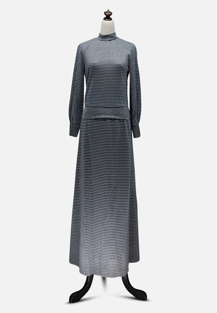 Milady Styles 1970s Black and Silver Lurex Stripe Knit Maxi Skirt Set