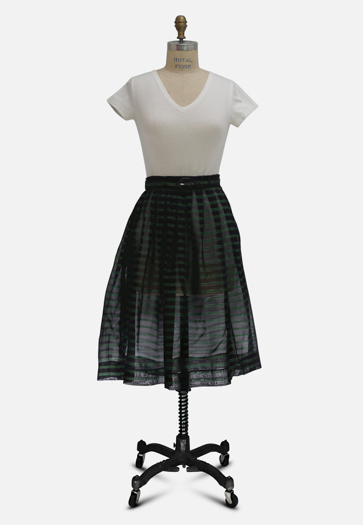 1950s Black and Emerald Sheer Stripe Fit and Flare Skirt 'VIP'