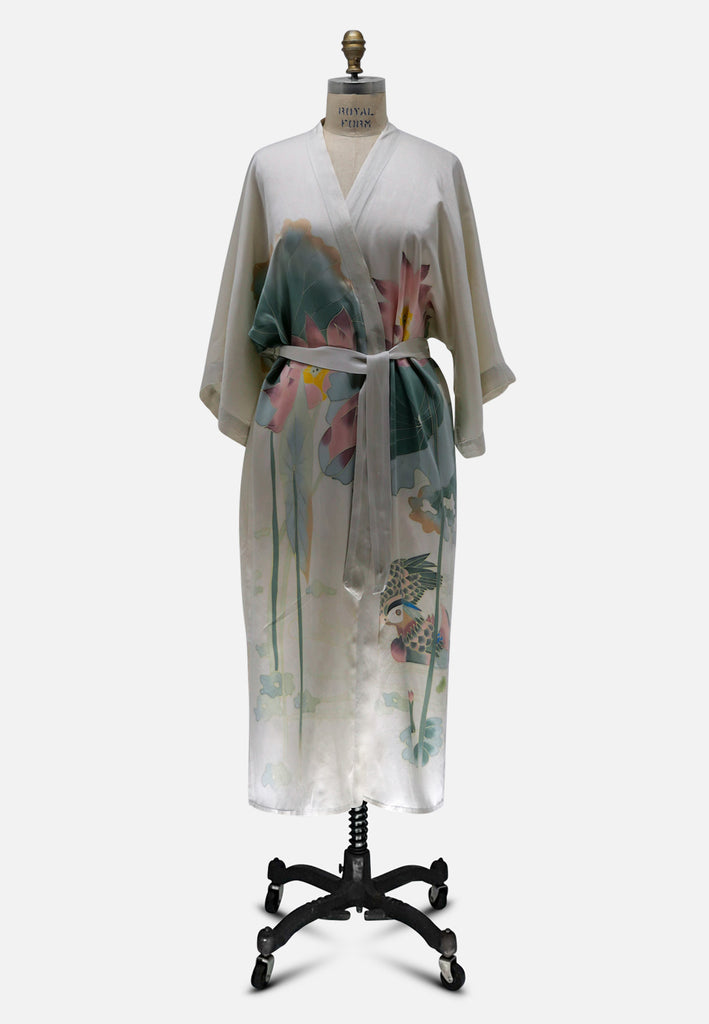 Pale Green Silk Kimono Robe with Lotus and Duck Print 'VIP'