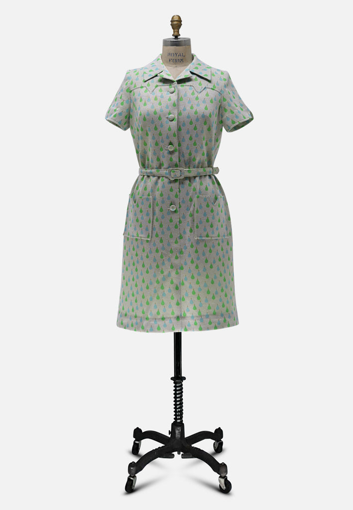 1960s Adam Marr NZ Teardrop Print Crimplene Dress 'VIP'