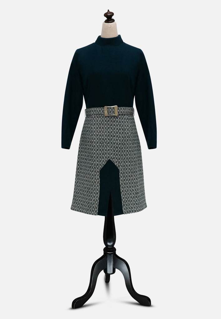 Passion Fruit Teal Geometric 1970s Wool Blend Dress 'VIP'