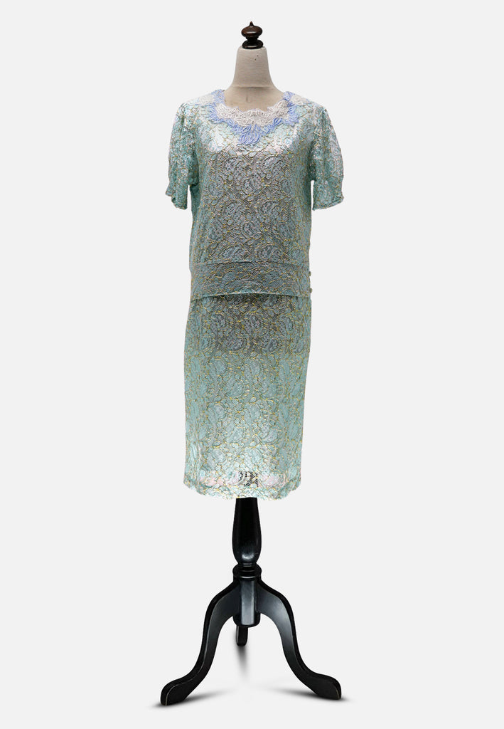 Vintage Clothing - 1980s Lancôme Paris Seafoam Gold Lace Skirt Set 'VIP' - Painted Bird Vintage Boutique & The Aviary - Dresses
