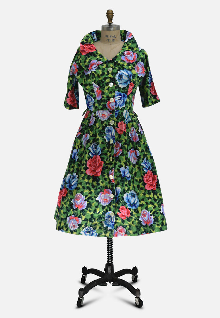 Emerald Rose Print Cotton Dress 1950s 'VIP'