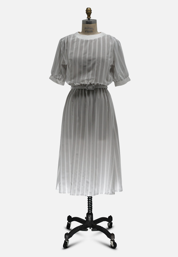 80s Gigi Silver Stripe Puff Sleeve Midi Dress