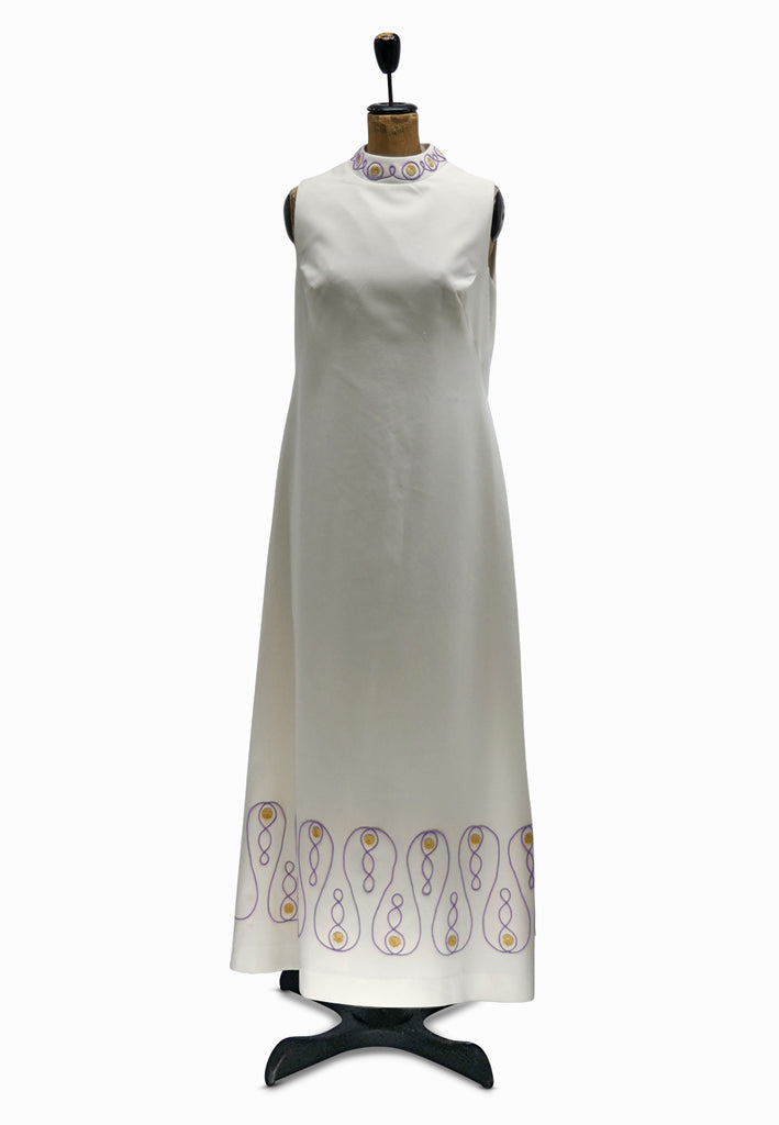 Mona Crawford Internationals of Sydney 1960s Cream Embroidered Hostess Maxi Dress 'VIP'