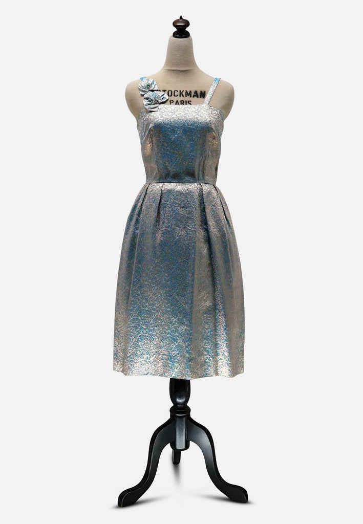 Vintage Clothing - Silver and Teal Iridescent Lurex Brocade Cocktail Dress with Corsage Strap Detail - Painted Bird Vintage Boutique & The Aviary - Dresses