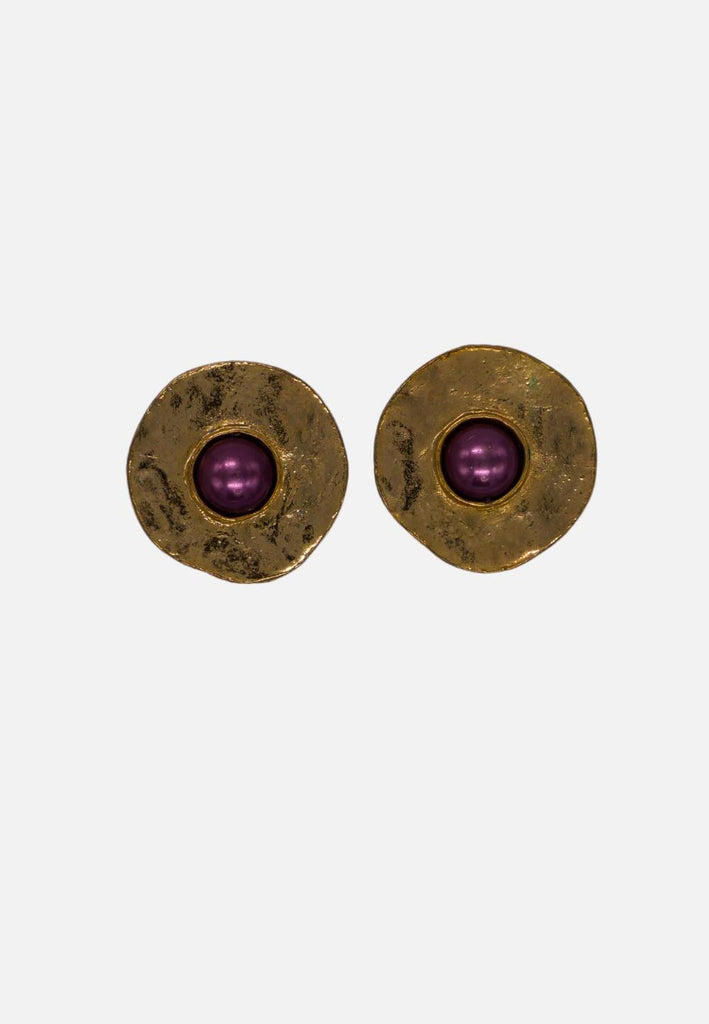 Hammered Brass and Amethyst Cabochon Clip-On Earrings 'VIP'