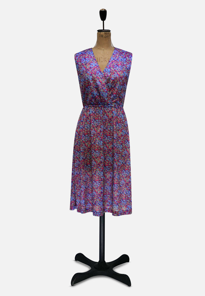 Osti Fashions 1970s Raspberry Ditsy Floral Sleeveless Wrap Bodice Midi Dress 'VIP'