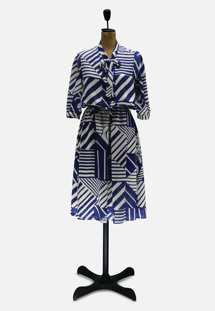 Vintage Clothing - Authentic Vintage Michèle Monrose Paris Navy Blue White Geometric Print Dress | Made in France Pussy Bow Elasticated Waist Full Skirt - Painted Bird Vintage Boutique & The Aviary - Dresses